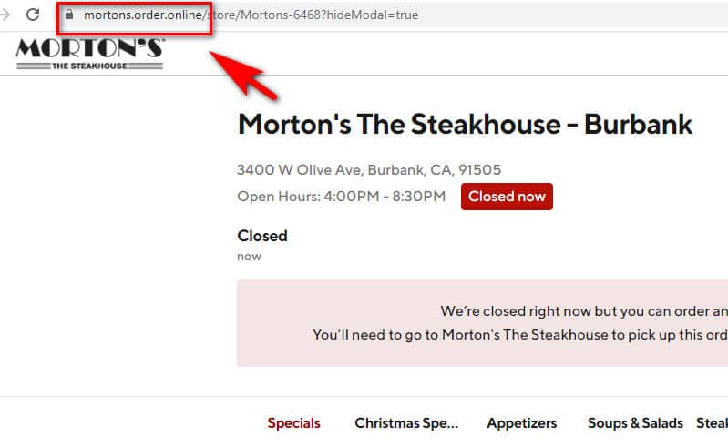 Screenshot showing DoorDash's order.online page for Morton's restaurant