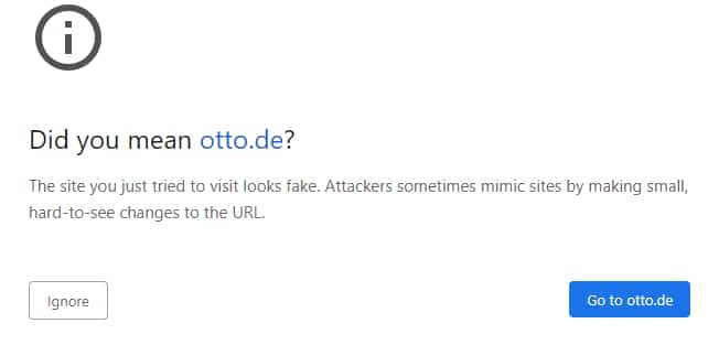 A Google Chrome warning shows that the domain I'm visiting might be a spoof because of an IDN