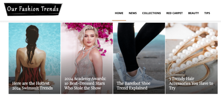 OurFashionTrends.com screenshot featuring four articles and a logo