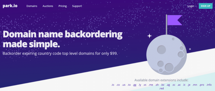 Screenshot of park.io website with tagline "domain name backordering made sinmple."