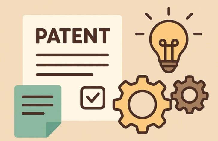 Image depicting a patent, patent document with lightbulb and gears