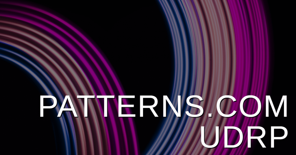 Patterns.com UDRP in text on a graphci with purple, pink and blue patterns