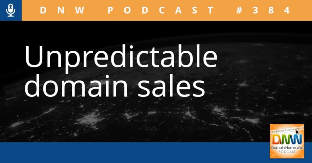 Image of globe at night with the words "Unpredictable domain sales" and "DNW Podcast #384"