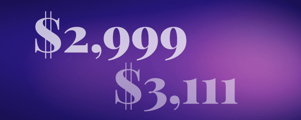Graphic with purple background and $2,999 and $3,111 in text