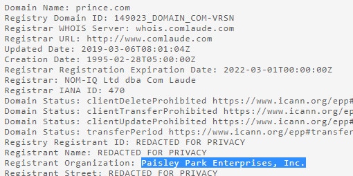 Whois record for Prince.com showing Paisley Park Enterprises, Inc. as the owner