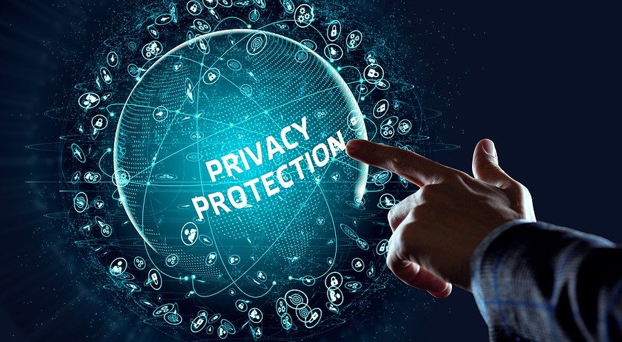 Picture of a hand pointing to a blue globe with the words "privacy protection" on it.