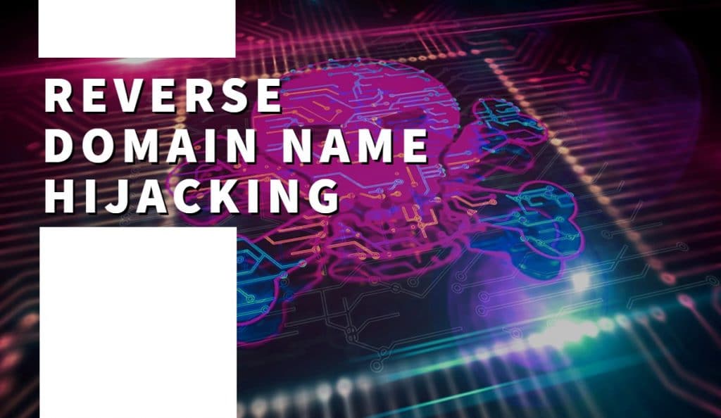 Palabras "Secuestro inverso de nombres de dominio" y una imagen de computadora de un cráneo