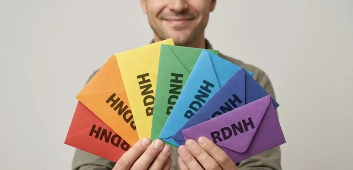 Man holding seven colored envelopes with RDNH on them.