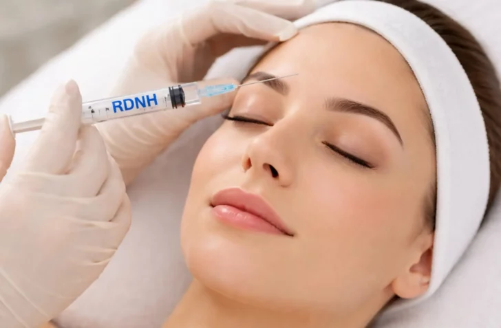 Woman getting a facial injection with RDNH on the syringe