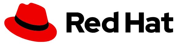 Red Hat logo features a red hat with the words red hat in black letters