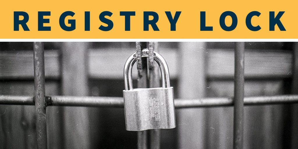 Picture of lock on bars with words "Registry Lock" above it on yellow background