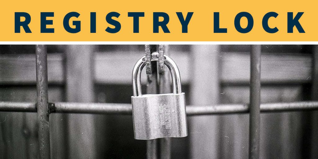 Picture of lock on bars with the words "Registry Lock" above it in black letters on yellow background