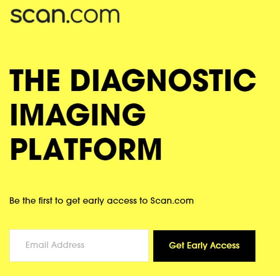 Screenshot of scan.com as of december 1, 2021, showing "the diagnostic imaging platform" and a form for get early access
