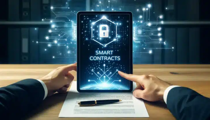 Image of person holding a tablet with the word "smart contracts" on it
