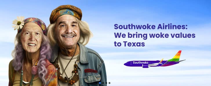 Image with two hippies and the words "Southwoke Airlines: we bring woke values to Texas".