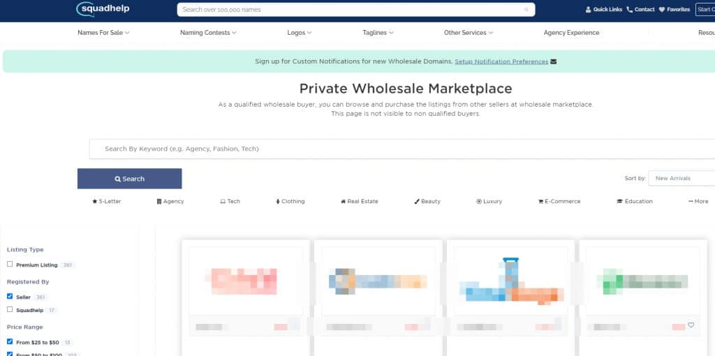 Screenshot of Squadhelp wholesale marketplace
