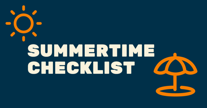 summertime checklist written next to images of a sun and beach umbrella