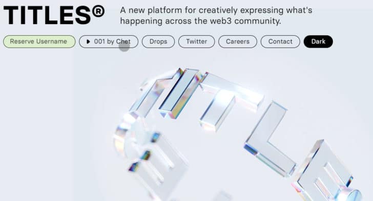 Titles.xyz homepage with the words "A new platform for creatively expressing what's happening across the web3 community."