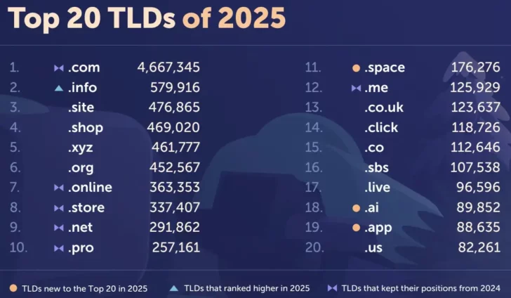 Chart showing top domains at Namecheap in 2025