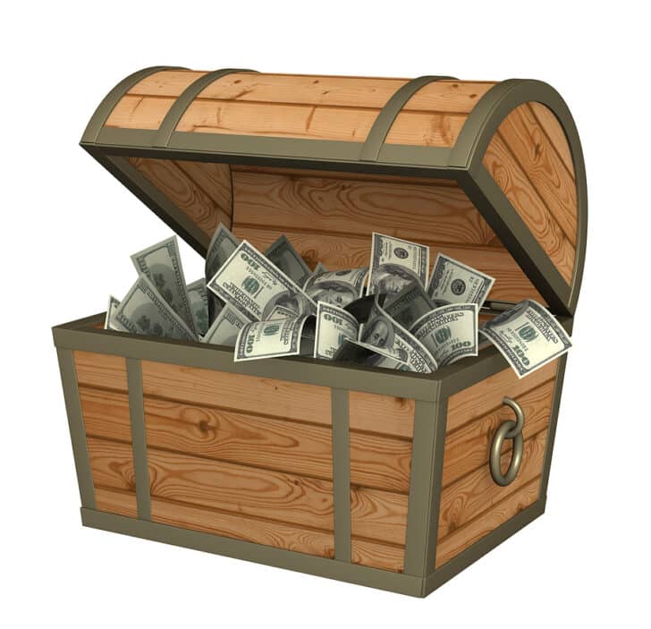 Wooden treasure chest with one hundred dollar blls