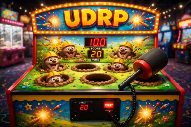 Image fo whac-a-mole type game with the title "UDRP"