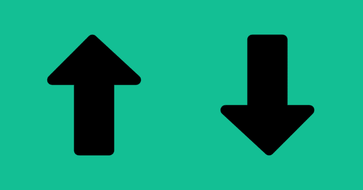 A down arrow and an up arrow in black on a green background