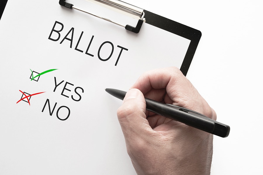 Image of a ballot with Yes and No boxes, and a pen marking the ballot