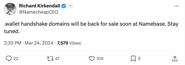 Tweet from Richard Kirkendall stating, ".wallet handshake domains will be back for sale soon at Namebase. Stay tuned."