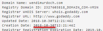 Whois record of WendiMurdoch.com showing creation date