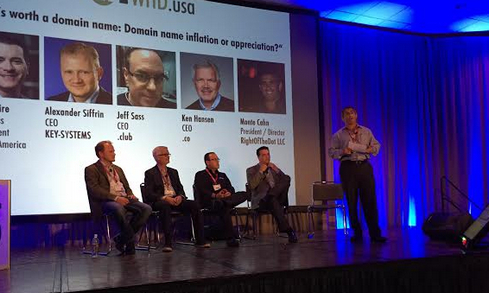 Domain name panel as WHD.usa. Left to Right: Alexander Siffrin, Key-Systems; Ken Hansen, .co.com; Jeff Sass, .Club; Brad Lemire, Sedo; Monte Cahn, Right of the Dot.