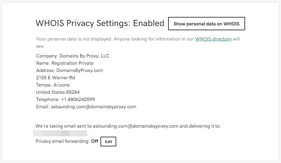 Image de la section des paramètres de confidentialité de GoDaddy Whois dans le gestionnaire de compte