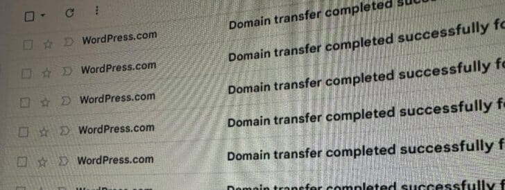 Screenshot of email inbox showing WordPress.com transfer verifications