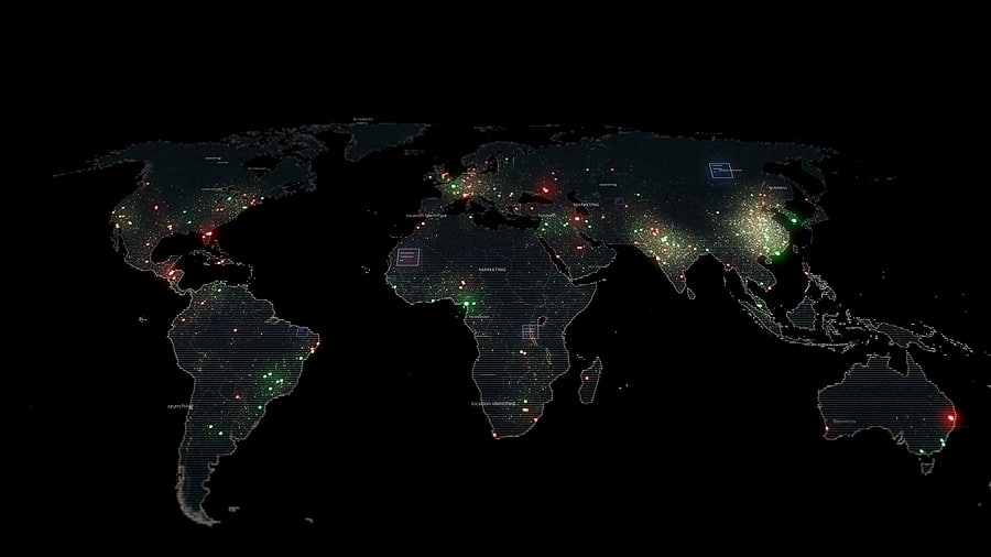 Image of a world map with lights in major cities