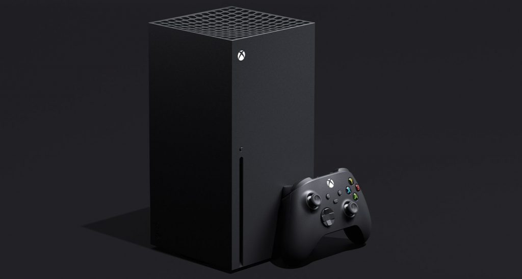 Picture of Xbox Series X, a tall black box shape and a game controller